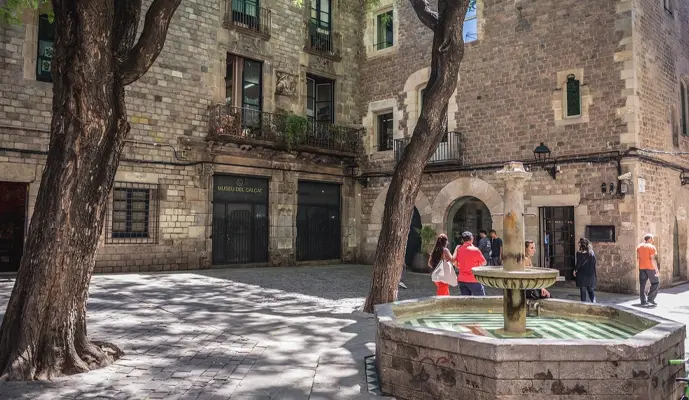 A courtyard featuring a fountain in front of a building, surrounded by greenery and pathways.