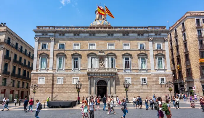 Government building of Catalonia in Barcelona, showcasing neoclassical architecture and prominent columns.