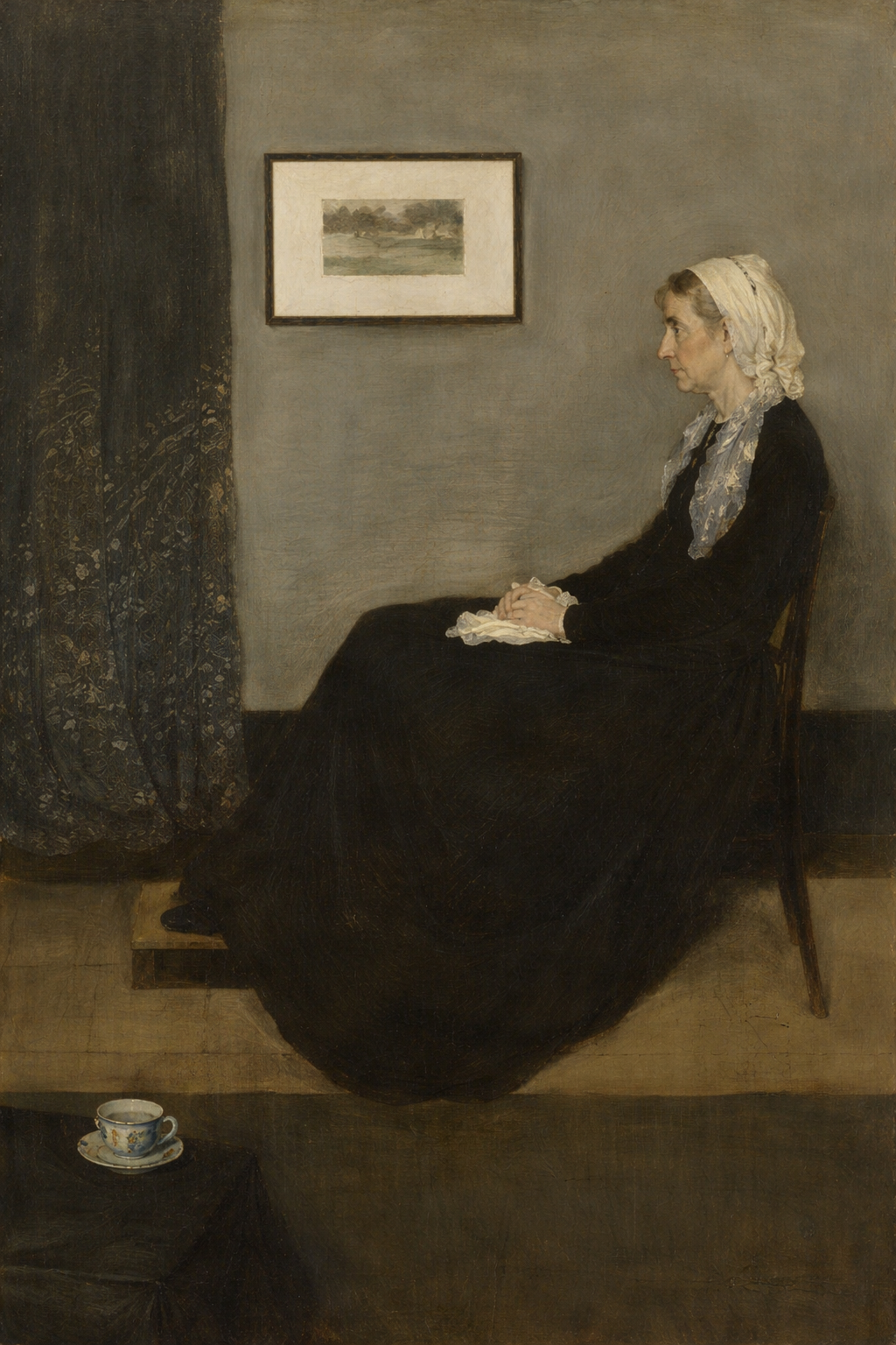 Portrait of Whistler&rsquo;s mother seated in profile against grey wall and curtain