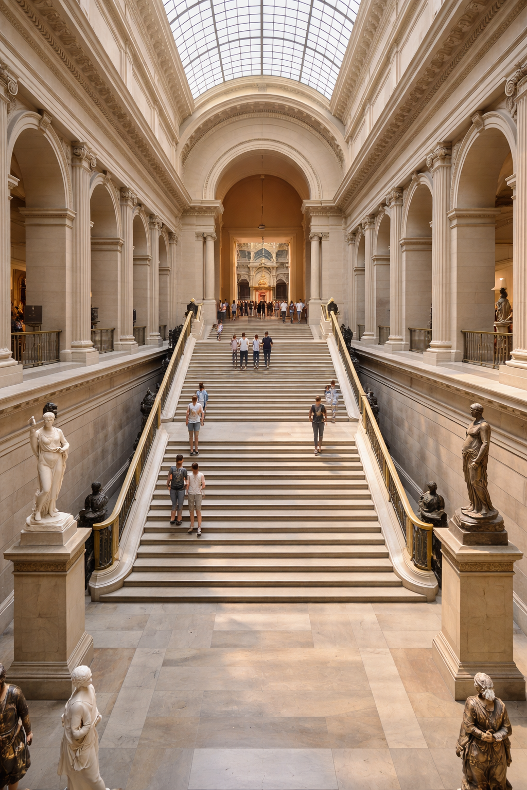 Visitors ascending marble staircase toward upper Impressionist galleries at Orsay