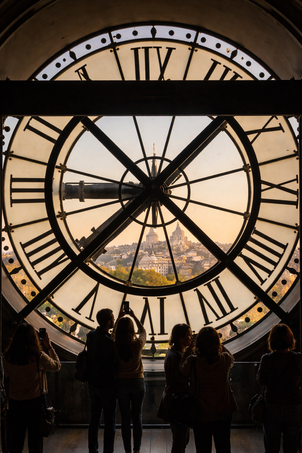 Interior view through Mus&eacute;e d&rsquo;Orsay clock window overlooking Paris skyline
