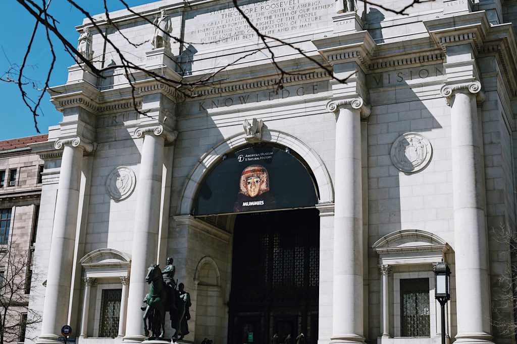 Front view of a grand, neoclassical building with tall columns and an arched entrance. A banner above the entrance promotes an exhibit titled Mummies. A statue of a horse and rider stands nearby under a clear blue sky.